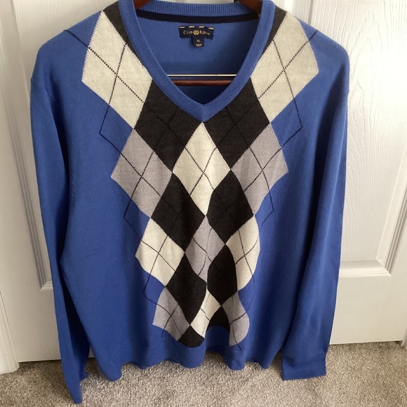Men’s Club Room Blue, White, Black Argyle V Neck Sweater Size XL - Picture 1 of 6